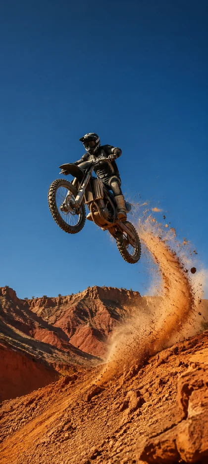 Motocross-Fahrer bei einem hohen Sprung über eine Wüstenlandschaft – actionreiches Wallpaper aus der Sammlung moderner Motorrad-Hintergrundbilder.