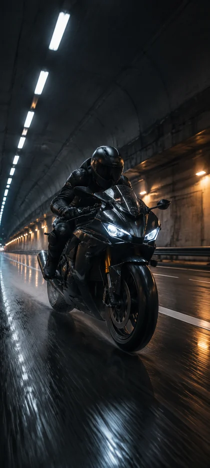 Schwarzes Sportmotorrad bei schneller Fahrt durch einen nächtlichen Tunnel – dynamisches Wallpaper aus der Sammlung moderner Motorrad-Hintergrundbilder.