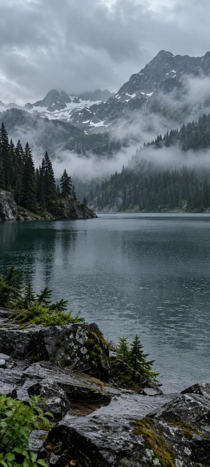 Mystischer Bergsee im Nebel – Natur Hintergrundbild
