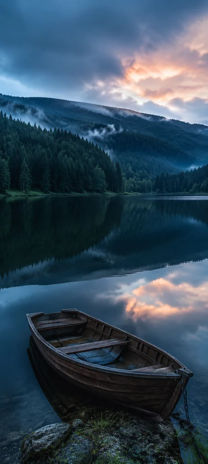 Altes Holzboot an einem ruhigen Bergsee mit bewaldeten Bergen und leuchtendem Abendhimmel
