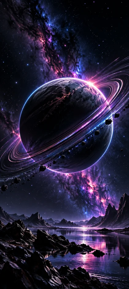 iPhone 18 Hintergrundbild mit gigantischem Ringplaneten, leuchtenden violetten Planetenringen, mystischer Galaxie, funkelnden Sternen und felsiger Alien-Landschaft.
