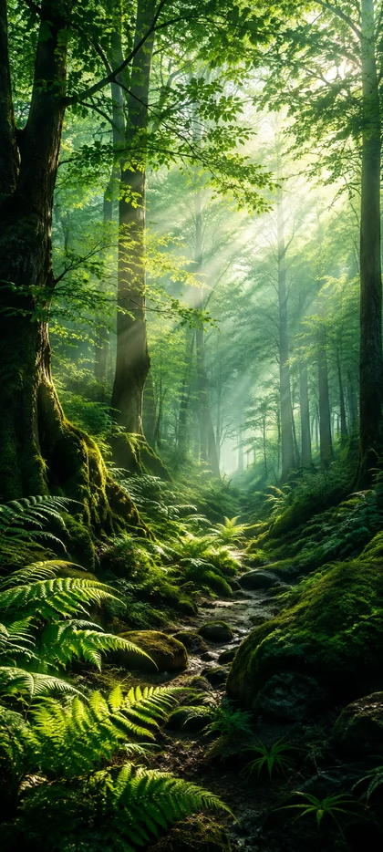 Grüner Wald mit Sonnenstrahlen und moosigem Naturpfad als 4K Handy Hintergrundbild