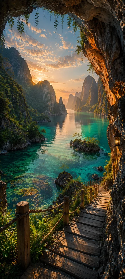 mystisches natur hintergrundbilder mit versteckter Höhle, türkisfarbener Lagune und Holzpfad in 4K Qualität für Smartphones.