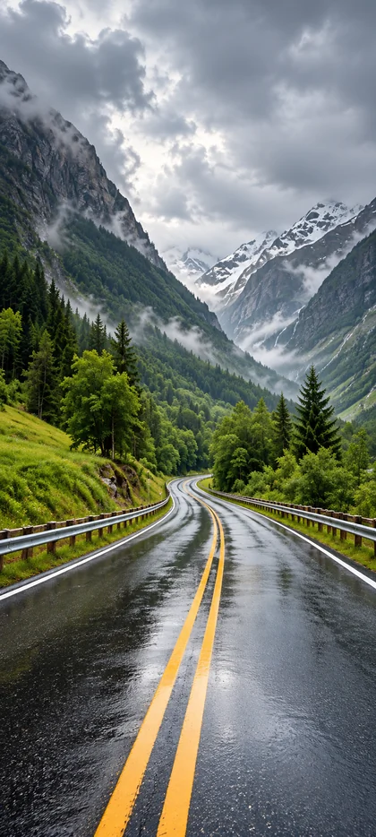 Regennasse Bergstraße mit gelben Fahrbahnmarkierungen zwischen grünen Wäldern, hohen Bergen und nebligen Gipfeln als Natur Hintergrundbild