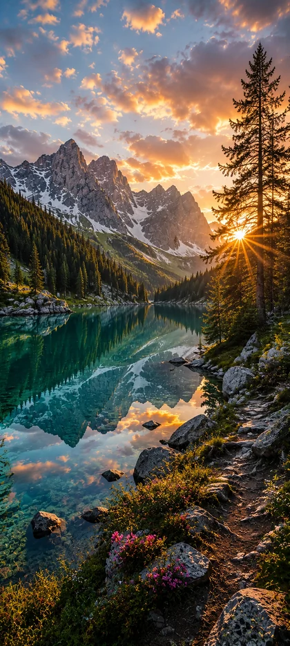 natur hintergrundbild mit bergsee, Alpen, Sonnenuntergang und spiegelndem Wasser in 4K Qualität für Handy und Smartphone.