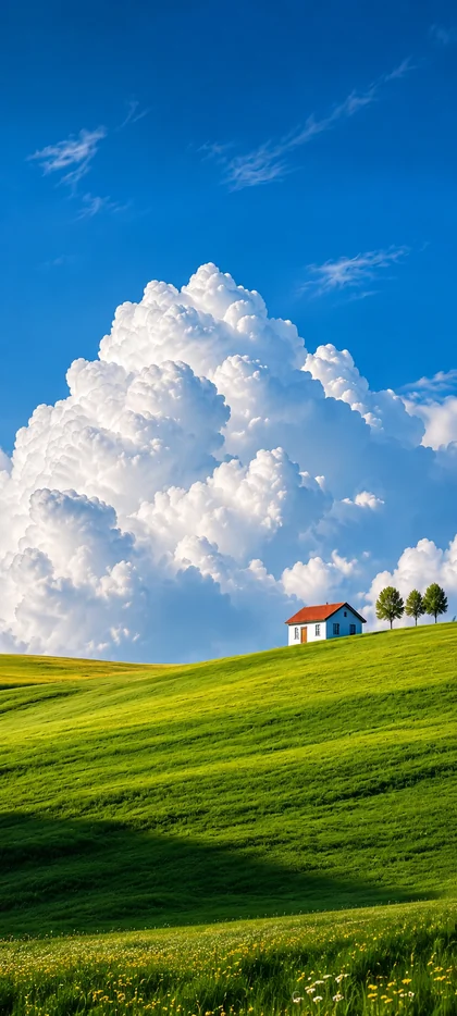 grüne wiese mit kleinem haus und großen weißen wolken als schöne hintergrundbilder und natur hintergrundbilder in 4k.