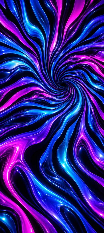 Abstraktes iPhone-Wallpaper mit spiralförmigen, glänzenden Farbbändern in Neonblau, Violett und Pink auf schwarzem Hintergrund.