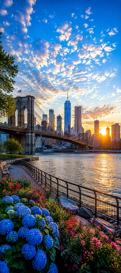 New York hintergrundbilder 4K mit Brooklyn Bridge, Blumenpromenade und Manhattan Skyline bei Sonnenuntergang