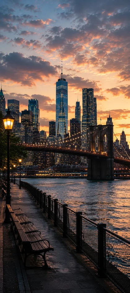 New York Wallpapers 4K mit Brooklyn Bridge, One World Trade Center und Manhattan Skyline bei Sonnenuntergang