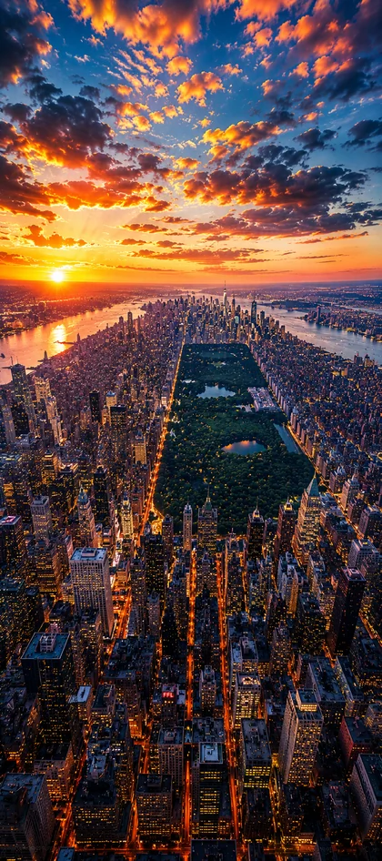 New York Wallpapers 4K mit Central Park, Manhattan Skyline und spektakulärem Sonnenuntergang aus der Vogelperspektive