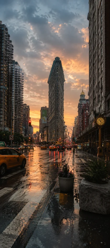 New York Wallpapers 4K mit Flatiron Building und regennassen Straßen von Manhattan bei Sonnenuntergang