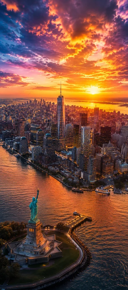 New York Wallpapers 4K mit Freiheitsstatue, Empire State Building und Manhattan Skyline bei Sonnenuntergang