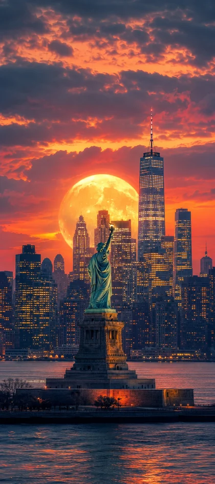 New York Wallpapers 4K – Freiheitsstatue, Vollmond und Manhattan Skyline