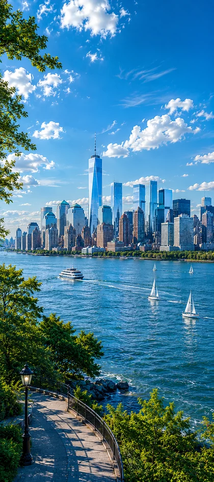 New York Wallpapers 4K mit One World Trade Center, Manhattan Skyline und Hudson River unter blauem Himmel