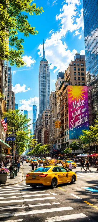 New York Wallpapers 4K mit Empire State Building, gelben Taxis und blauem Himmel in Manhattan