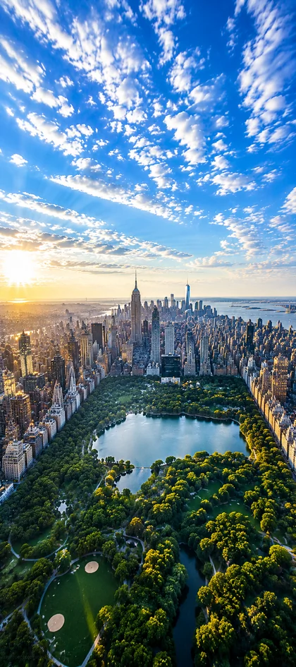 New York Wallpapers 4K mit Central Park, Manhattan Skyline und spektakulärem Sonnenaufgang aus der Vogelperspektive