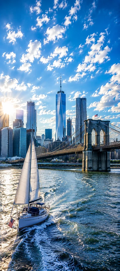 New York Wallpapers 4K mit Segelboot, Brooklyn Bridge und Manhattan Skyline auf dem East River
