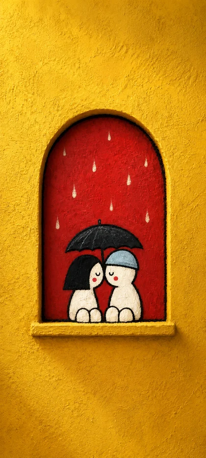 Zwei niedliche Katzen unter einem schwarzen Regenschirm in einem roten Fenster auf gelber Wand als vertikales Handy Wallpaper