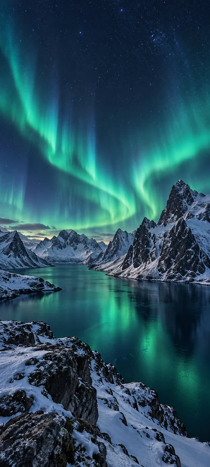 Grüne Polarlichter am Sternenhimmel über verschneiten Bergen mit Spiegelung im dunklen Wasser und schneebedeckten Felsen im Vordergrund.