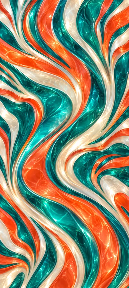 Abstraktes iPhone-Hintergrundbild mit geschwungenen Streifen in Orange, Türkis und Perlweiß sowie glänzenden, glasartigen Lichtreflexen.