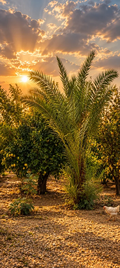 Palme zwischen Orangenbäumen in einem ländlichen Garten bei goldenem Sonnenuntergang als Natur Hintergrundbild