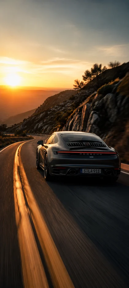 schwarzer porsche auf einer bergstraße bei sonnenuntergang als porsche hintergrundbilder und schöne hintergrundbilder in 4k.