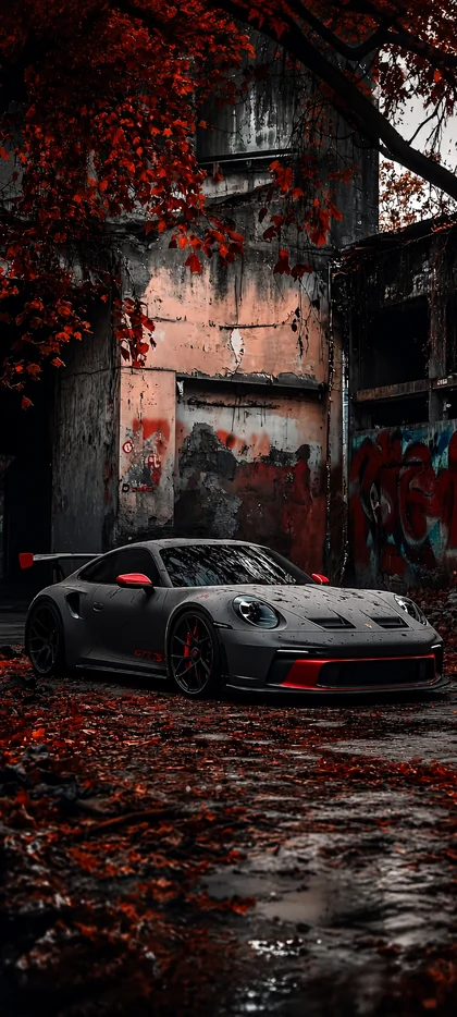Schwarzer Porsche Sportwagen mit roten Details auf nasser Straße vor dunkler urbaner Kulisse als Auto Hintergrundbild