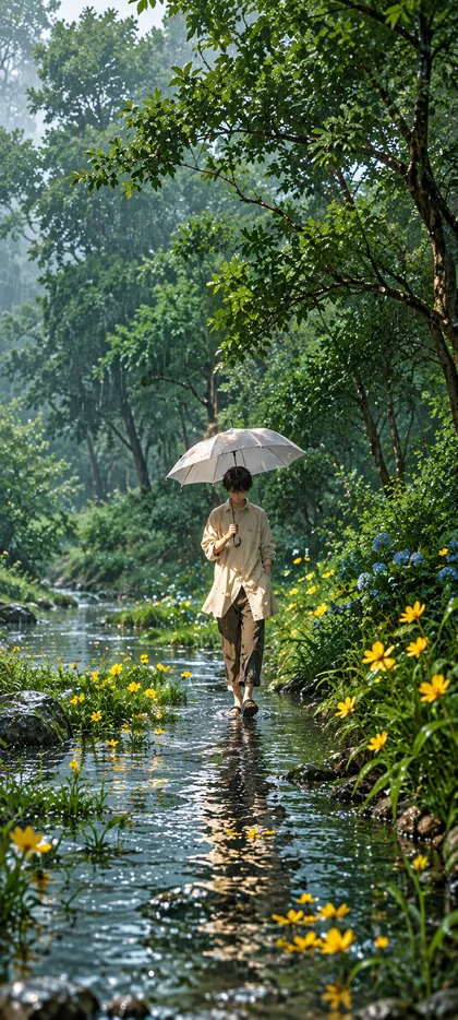 Person mit transparentem Regenschirm auf einem überfluteten Waldweg zwischen grünen Bäumen und gelben Wildblumen als Natur Hintergrundbild