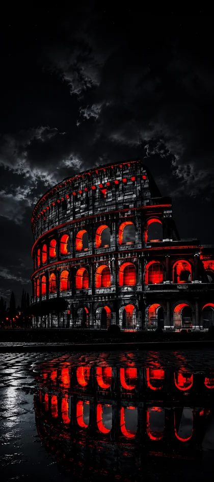 kolosseum in rom bei nacht mit roten lichtern und dramatischem himmel als rom hintergrundbilder und kostenlose handy hintergrundbilder 4k für iphone und samsung.