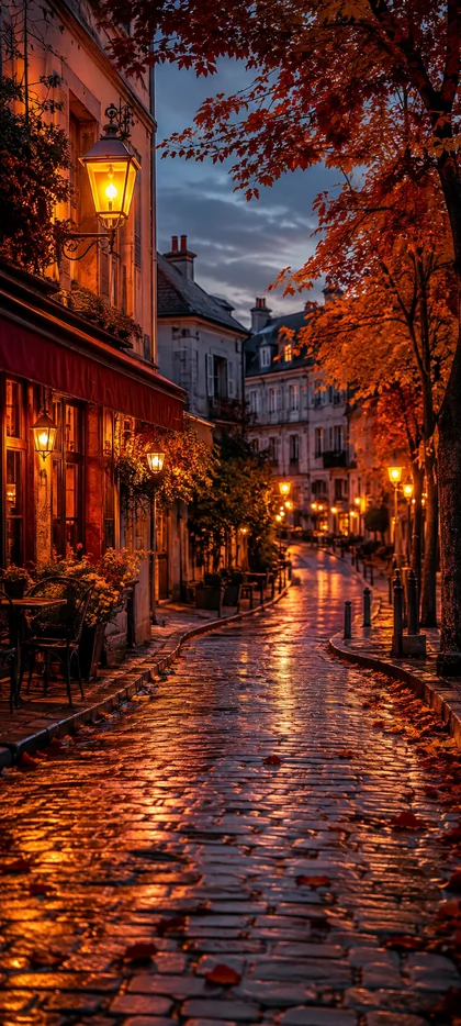 Herbst Hintergrundbilder mit beleuchteter Altstadtstraße, nassem Kopfsteinpflaster, orangefarbenen Herbstblättern und warmen Laternen am Abend.