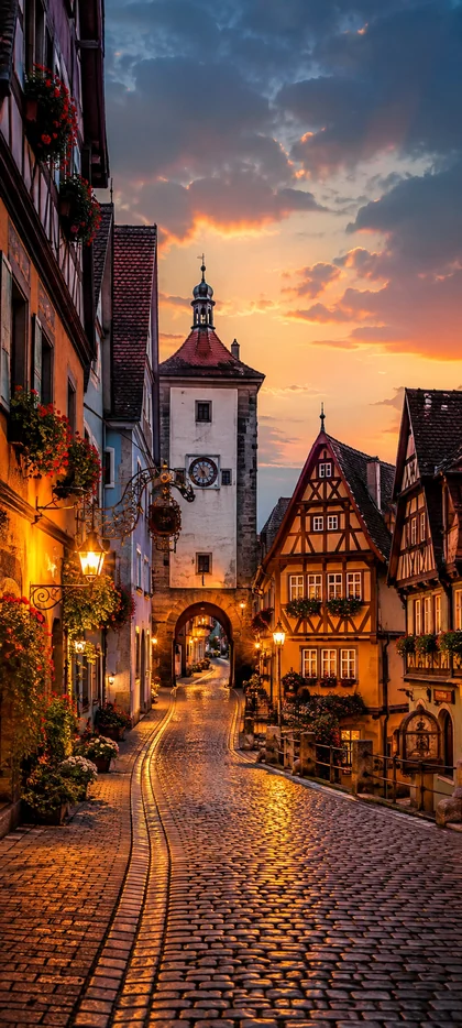 Historische Altstadt mit Fachwerkhäusern, Stadttor und beleuchtetem Kopfsteinpflaster bei Sonnenuntergang als 4K Handy Hintergrundbild