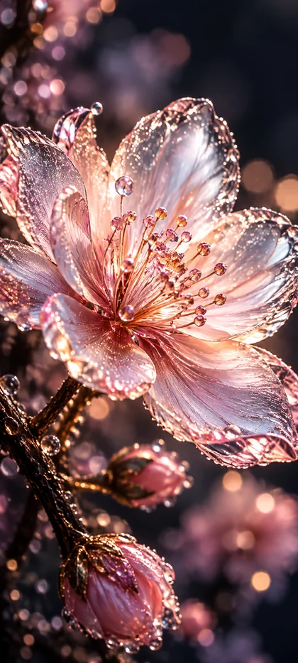 iPhone 18 Hintergrundbild mit zarter rosa Blüte, glitzernden Blütenblättern, funkelnden Wassertropfen, geschlossenen Blütenknospen und goldenem Bokeh im Hintergrund.