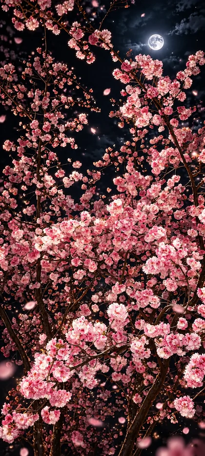 iPhone 18 Hintergrundbild mit rosa Kirschblüten vor dunklem Nachthimmel und leuchtendem Vollmond als 4K Wallpaper