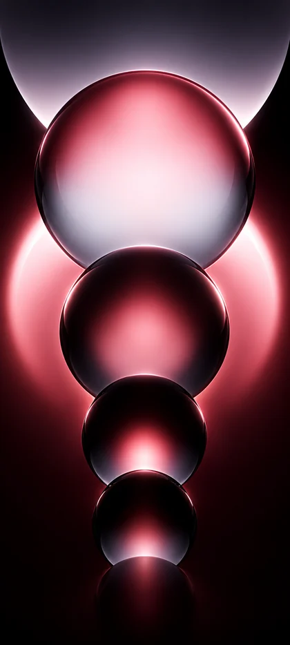 Abstraktes iPhone 18 Hintergrundbild mit vertikal angeordneten glänzenden 3D-Kugeln, roten und silbernen Lichtreflexen sowie tiefschwarzem Hintergrund.