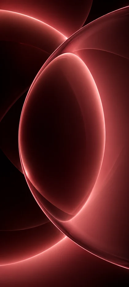 Abstraktes iPhone 18 Hintergrundbild mit großen roten 3D-Kugelformen, geschwungenen Oberflächen, rosa Neonlicht und dunkelroten bis schwarzen Farbverläufen.