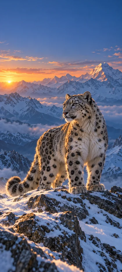 Schneeleopard auf verschneitem Felsen vor hohen Bergen und goldenem Sonnenuntergang als Tiere Hintergrundbild