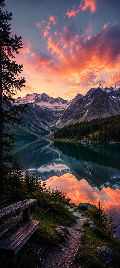 alpensee mit spiegelnden bergen und leuchtendem sonnenuntergang als schöne hintergrundbilder und berge hintergrundbilder in 4k.
