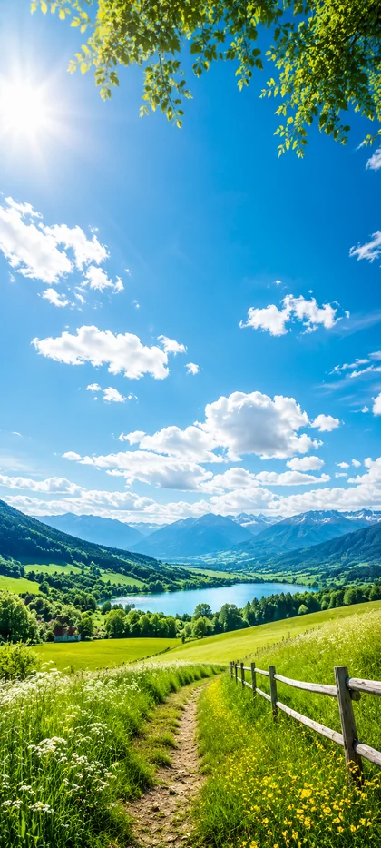 grüne alpenwiese mit bergsee und blauem himmel als schöne hintergrundbilder und natur hintergrundbilder in 4k.