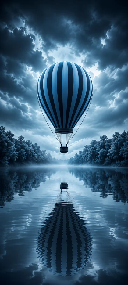 heißluftballon über einem spiegelnden see mit dramatischem wolkenhimmel als schöne hintergrundbilder und coole hintergrundbilder in 4k.