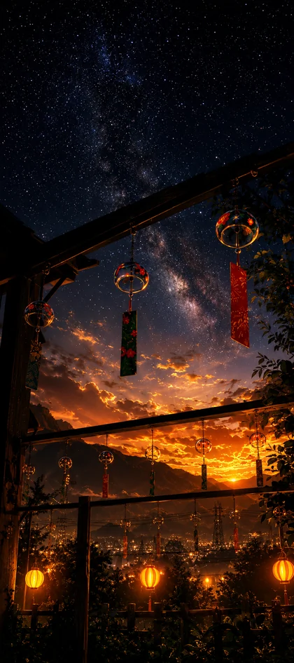 japanische laternen vor milchstraße und leuchtendem abendhimmel als schöne hintergrundbilder und coole hintergrundbilder in 4k.