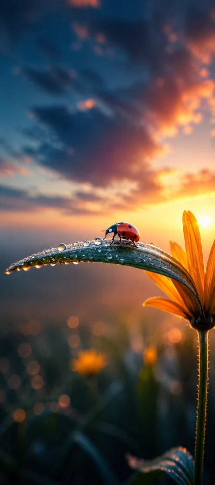 marienkäfer auf einem blatt mit morgentau und sonnenaufgang als schöne hintergrundbilder und coole hintergrundbilder in 4k.