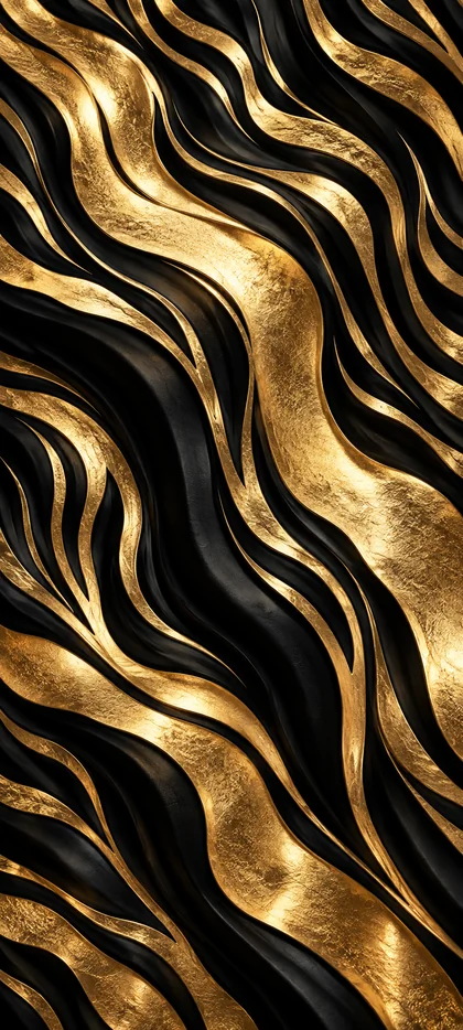 Abstraktes schwarz-goldenes iPhone-Hintergrundbild mit geschwungenen Streifen, fein strukturierter Goldoptik und glänzenden schwarzen Wellen.