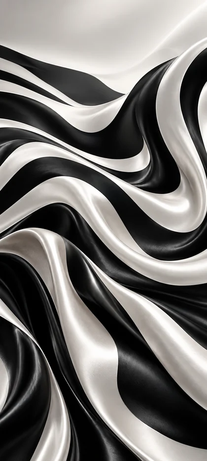 Abstraktes schwarz-weißes Hintergrundbild mit geschwungenen, glänzenden Wellen, die an gefalteten Satin erinnern.