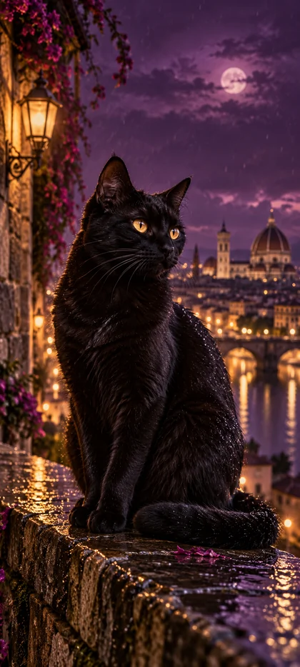 Schwarze Katze mit goldgelben Augen auf einer nassen Steinmauer vor einer beleuchteten Stadt, mit Laterne, violettem Himmel und Mond.