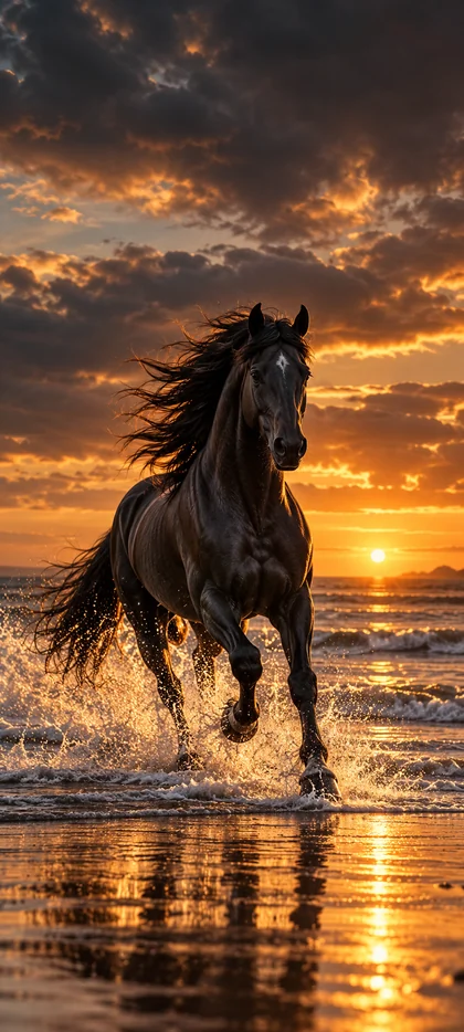 Schwarzes Pferd mit wehender Mähne in der Brandung bei Sonnenuntergang, umgeben von goldenen Wasserspritzern und Spiegelungen im nassen Sand.
