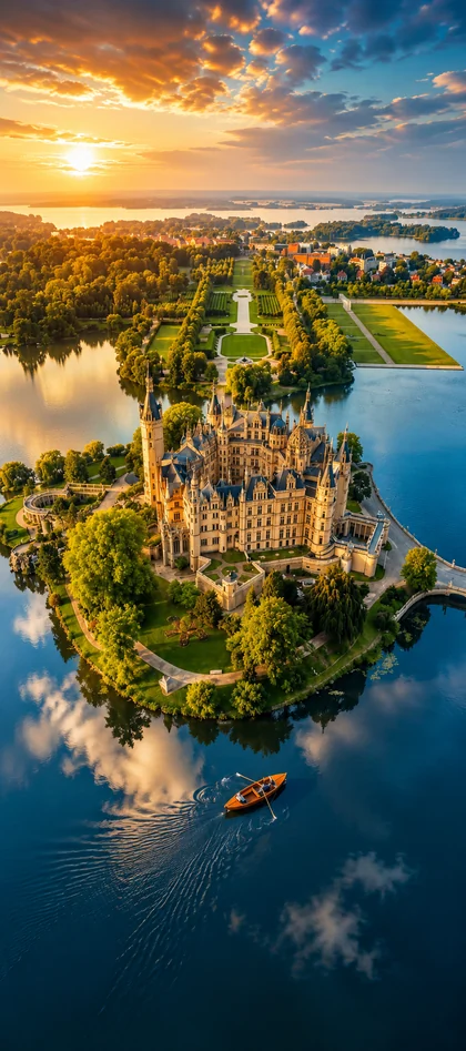 Schweriner Schloss auf einer grünen Insel mit Schlossgarten, Seen und Boot bei goldenem Sonnenuntergang als Handy Hintergrundbild