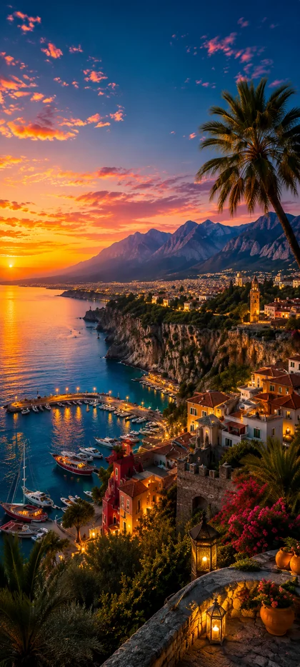 mediterrane küstenstadt mit palmen und sonnenuntergang als sommer hintergrundbilder und kostenlose hintergrundbilder 4k für iphone.