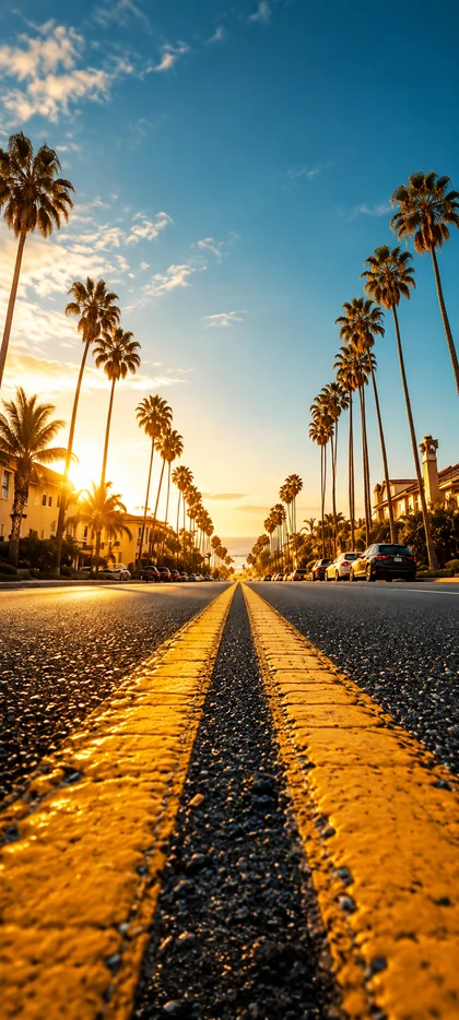 sonnige palmenstraße mit goldener straßenlinie als sommer hintergrundbilder und schöne hintergrundbilder in 4k.