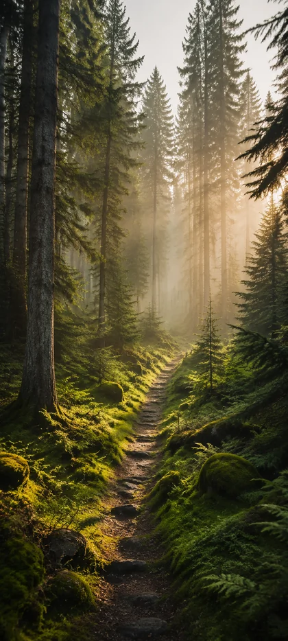 Sonnenlicht fällt zwischen hohen Tannen auf einen grünen Waldweg mit Moos und Farnen