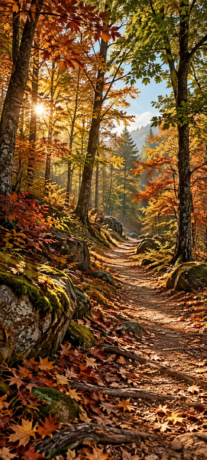 Sonniger Wanderweg durch einen herbstlichen Wald mit orangefarbenem Laub, grünen Bäumen und warmen Sonnenstrahlen